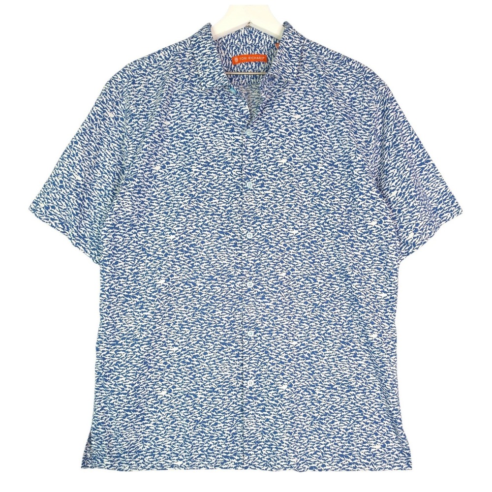 Tori Richard Shark Tank Cotton Lawn Print Shirt Mens L Marina Blue Aloha Hawaii